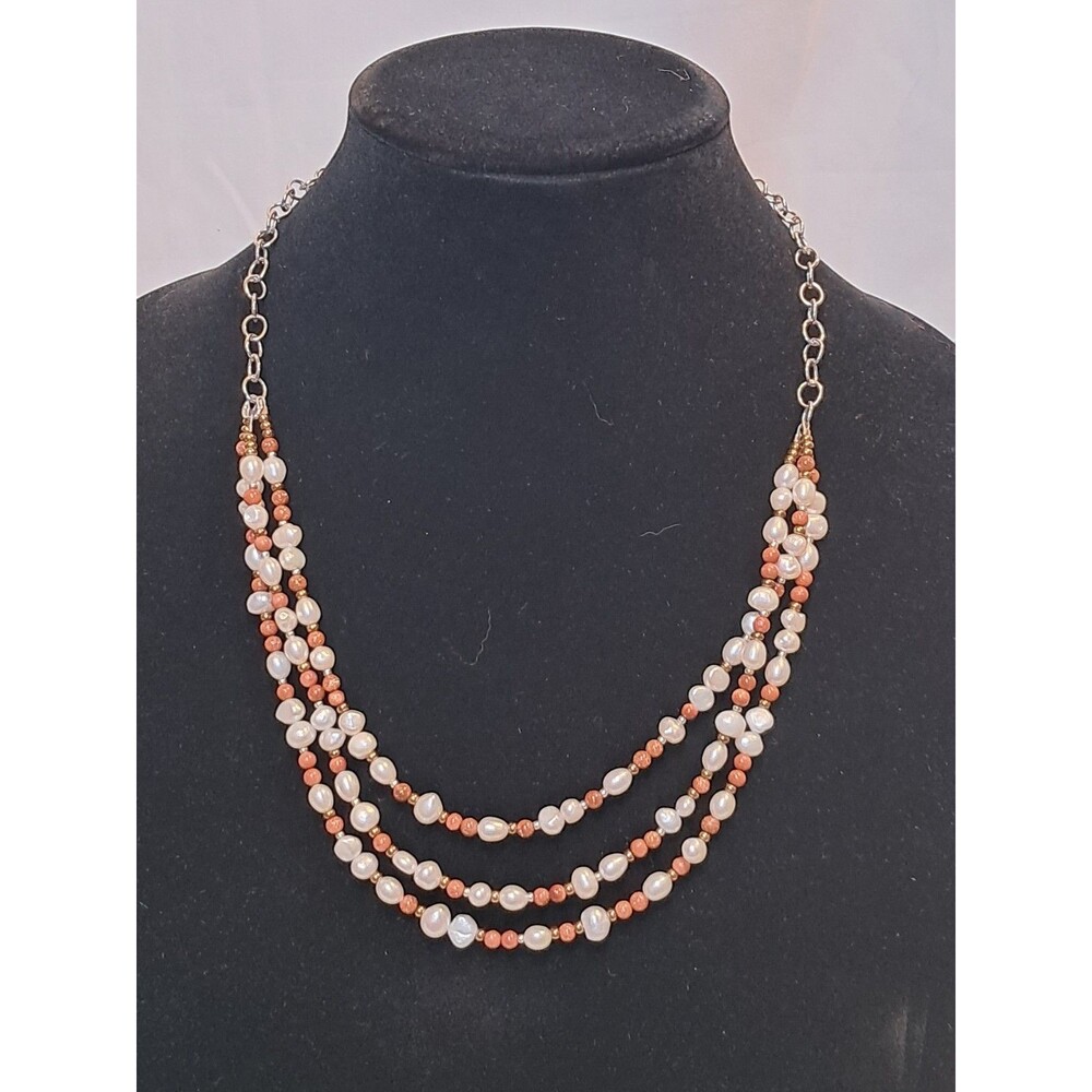 Peyote Bird White Freshwater Pearls Sunstone Gemstones 3 Strand Necklace 21.5"